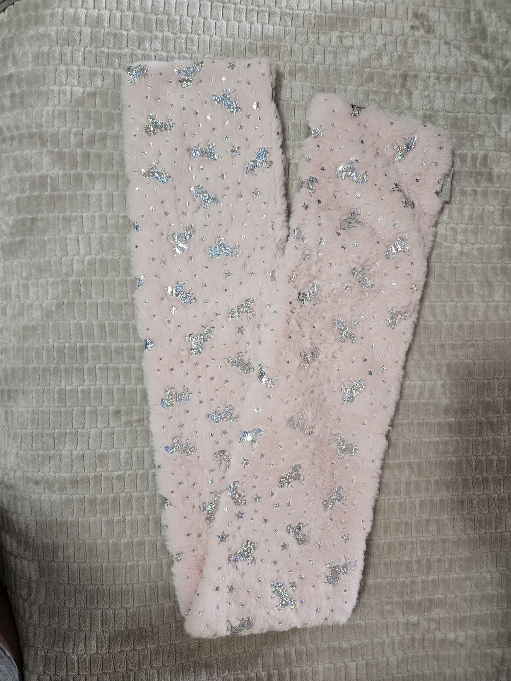 Pink Fuzzy Scarf with Silver Glitter Unicorns